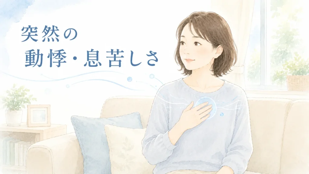 突然の動悸や息苦しさを感じて胸元に手を添える女性
