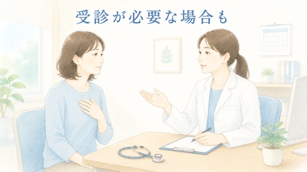 動悸や息苦しさについて医師に相談する女性