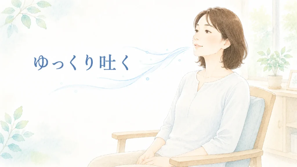 息苦しいときに楽な姿勢でゆっくり息を吐く女性
