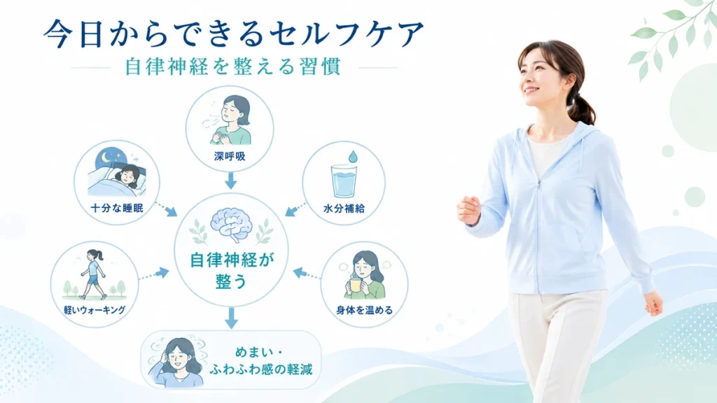 めまいやふわふわ感を和らげるセルフケアを紹介したイラスト
