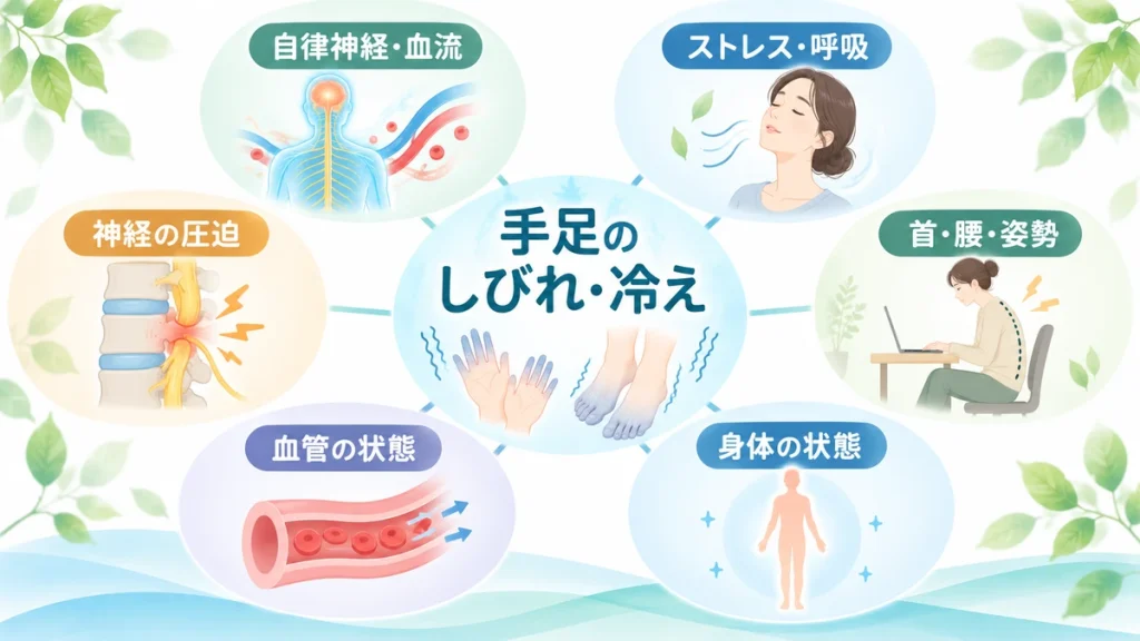 手足のしびれや冷えで考えられる自律神経・神経・血流などの原因を整理した図