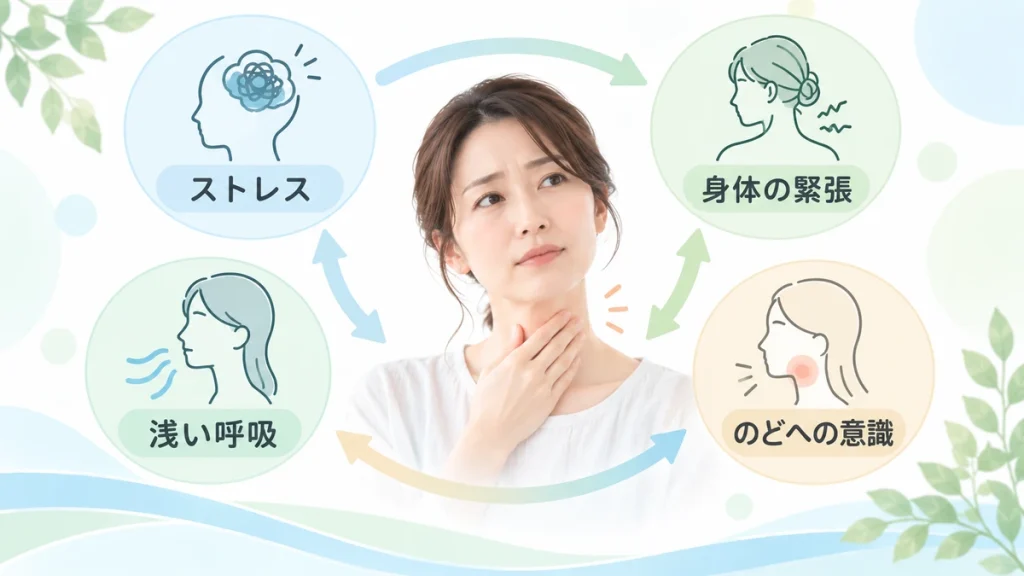 ストレスや身体の緊張とのどの違和感の関係を表したイメージ
