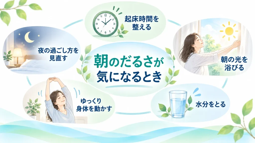 朝のだるさが気になるときに見直したい生活習慣を表した図