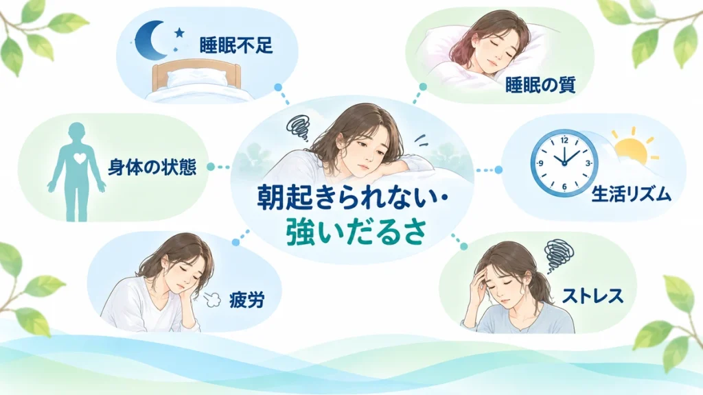朝起きられない・強いだるさにつながる主な原因を示した図