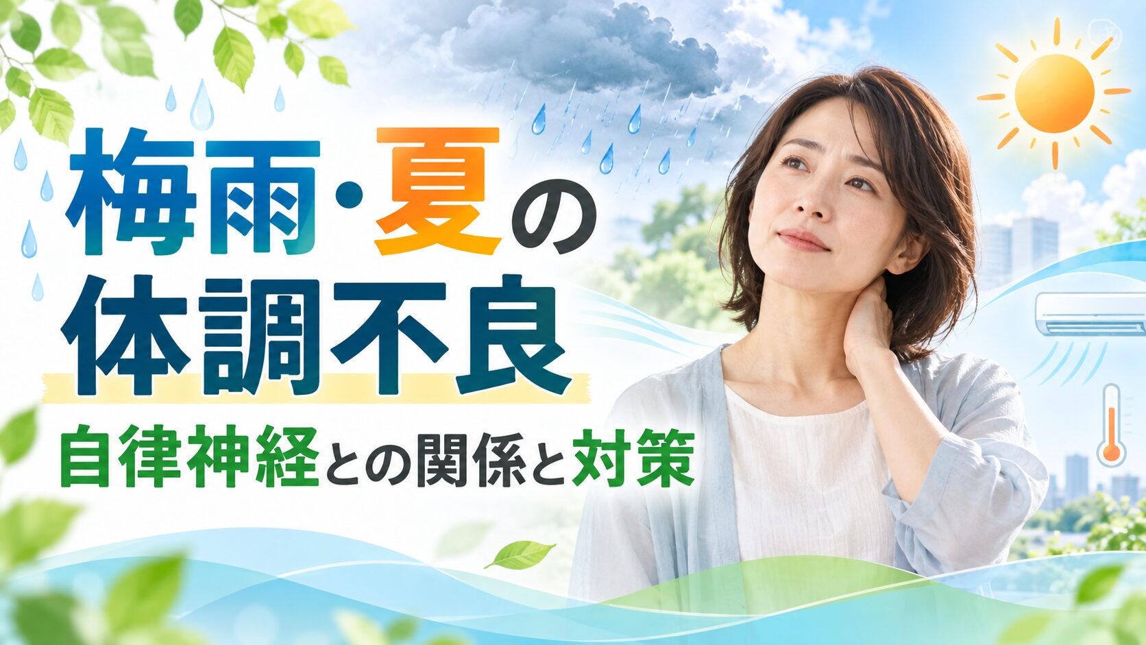 梅雨から夏にかけての気温や湿度の変化と自律神経の関係を表したイメージ
