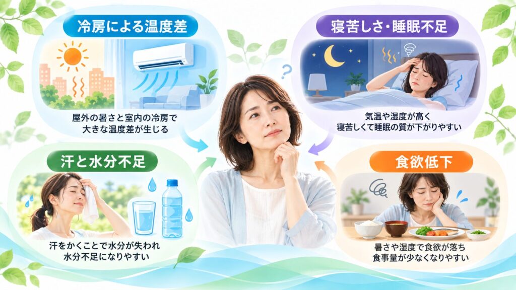 冷房による温度差、睡眠不足、水分不足など梅雨から夏の体調に関係する生活要因