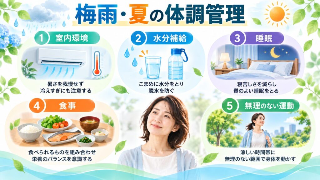 梅雨と夏の体調管理として室内環境、水分、睡眠、食事、運動を示した図