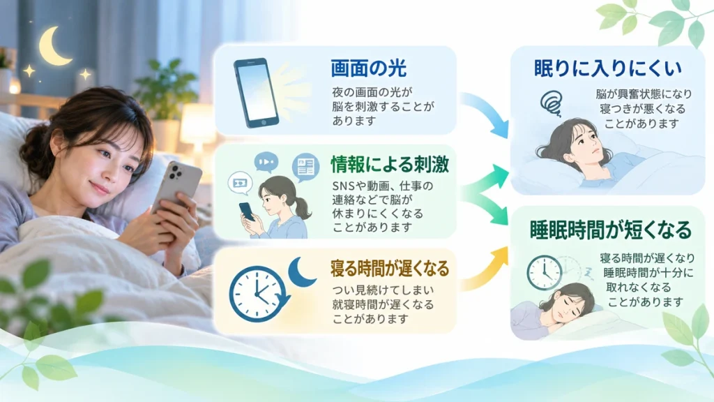 寝る前のスマホ使用が光や情報刺激、就寝時間を通して睡眠に影響する流れ