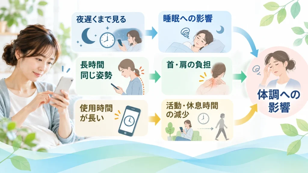 スマホの長時間使用が睡眠・姿勢・活動量を通して体調に影響する流れ
