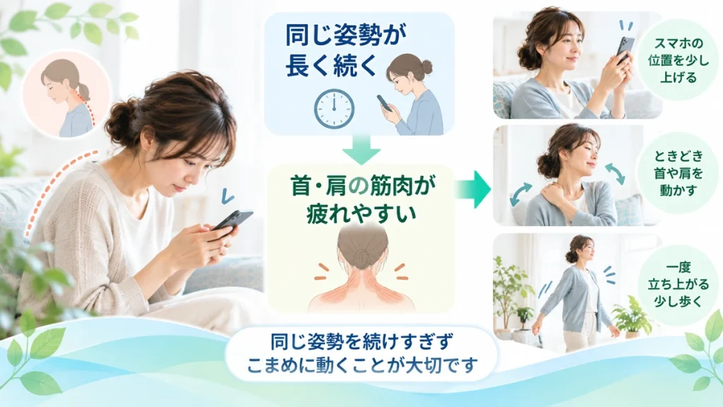 スマホ使用時の姿勢と首肩への負担、こまめに身体を動かすことを示した図解