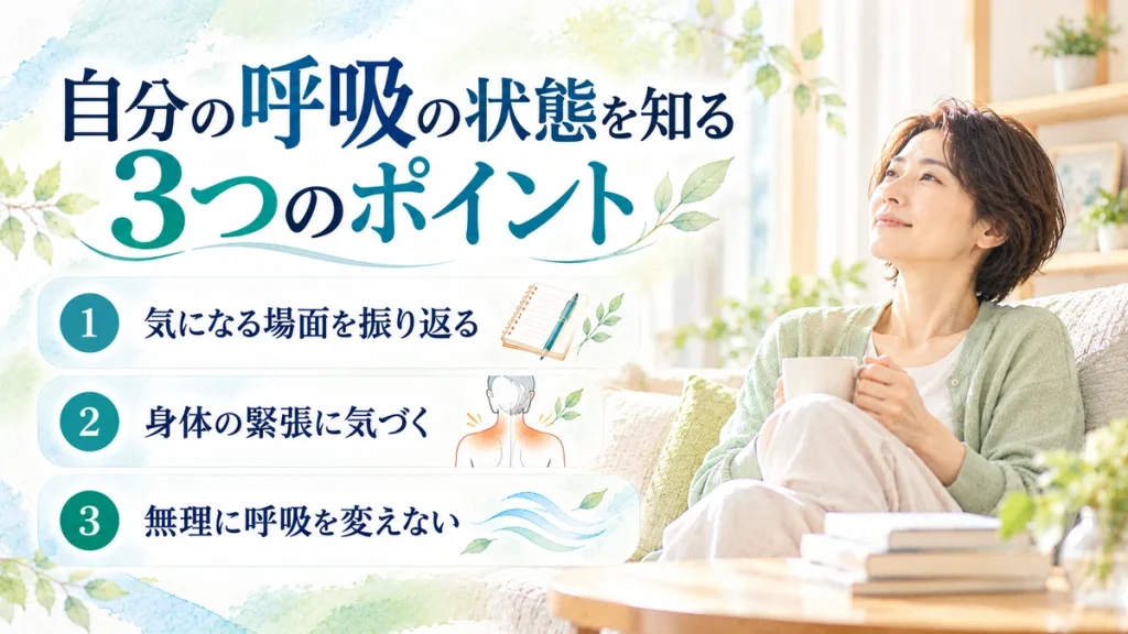 呼吸が気になる場面を振り返り、身体の緊張に気づき、無理に呼吸を変えないための3つのポイント