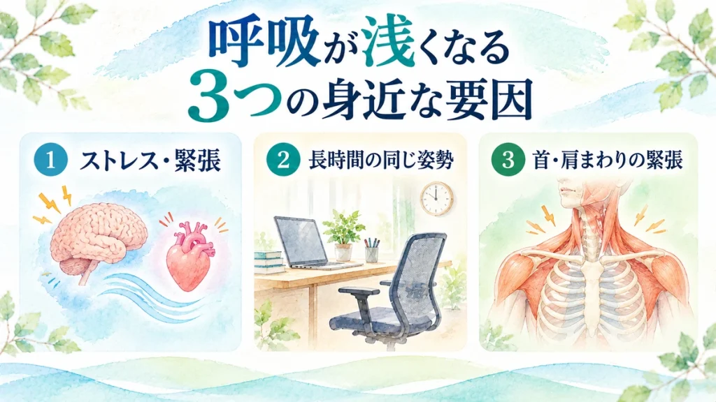 呼吸の浅さに関係するストレスや緊張、長時間の同じ姿勢、首や肩まわりの筋肉の緊張を示した図解